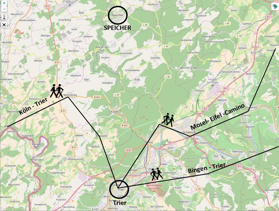 Karte: Speicher zwischen Mosel-Camino, Eifel-Camino und Via Coloniensis
