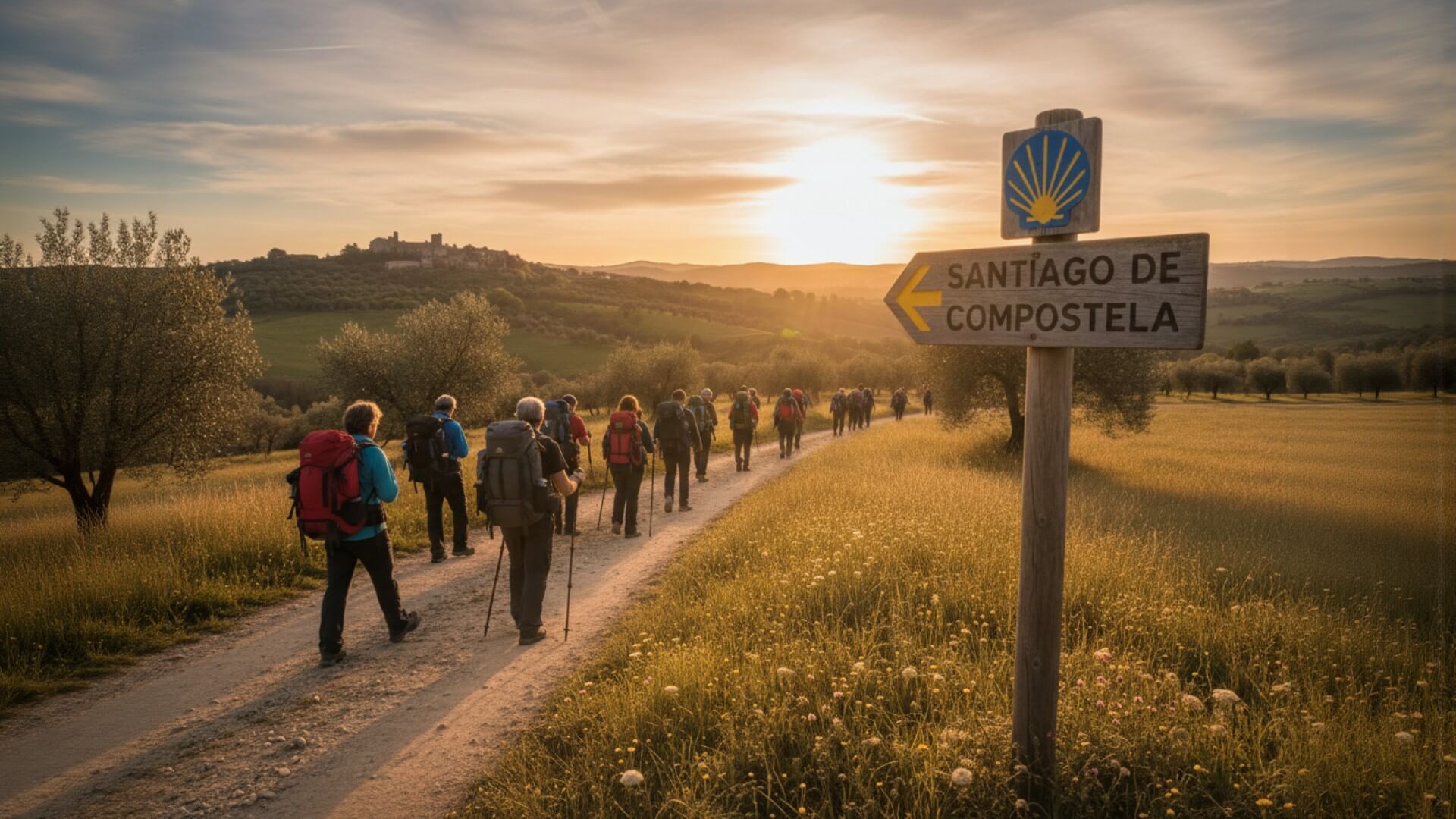 Pilgergruppe auf einem Feldweg im Abendlicht, rechts ein Wegweiser nach Santiago de Compostela mit Jakobsmuschel