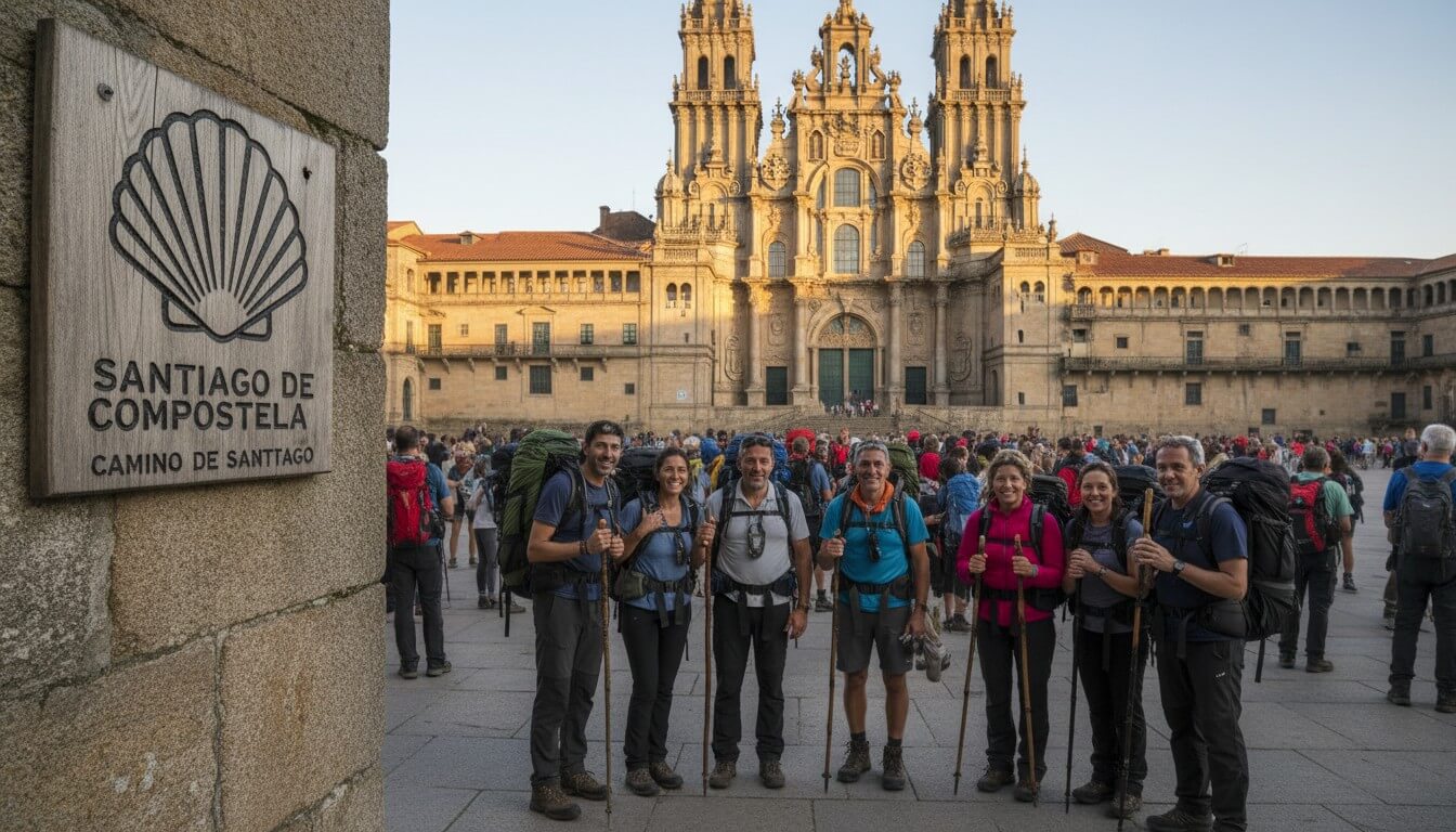 Pilgergruppe mit Rucksäcken vor der Kathedrale von Santiago de Compostela