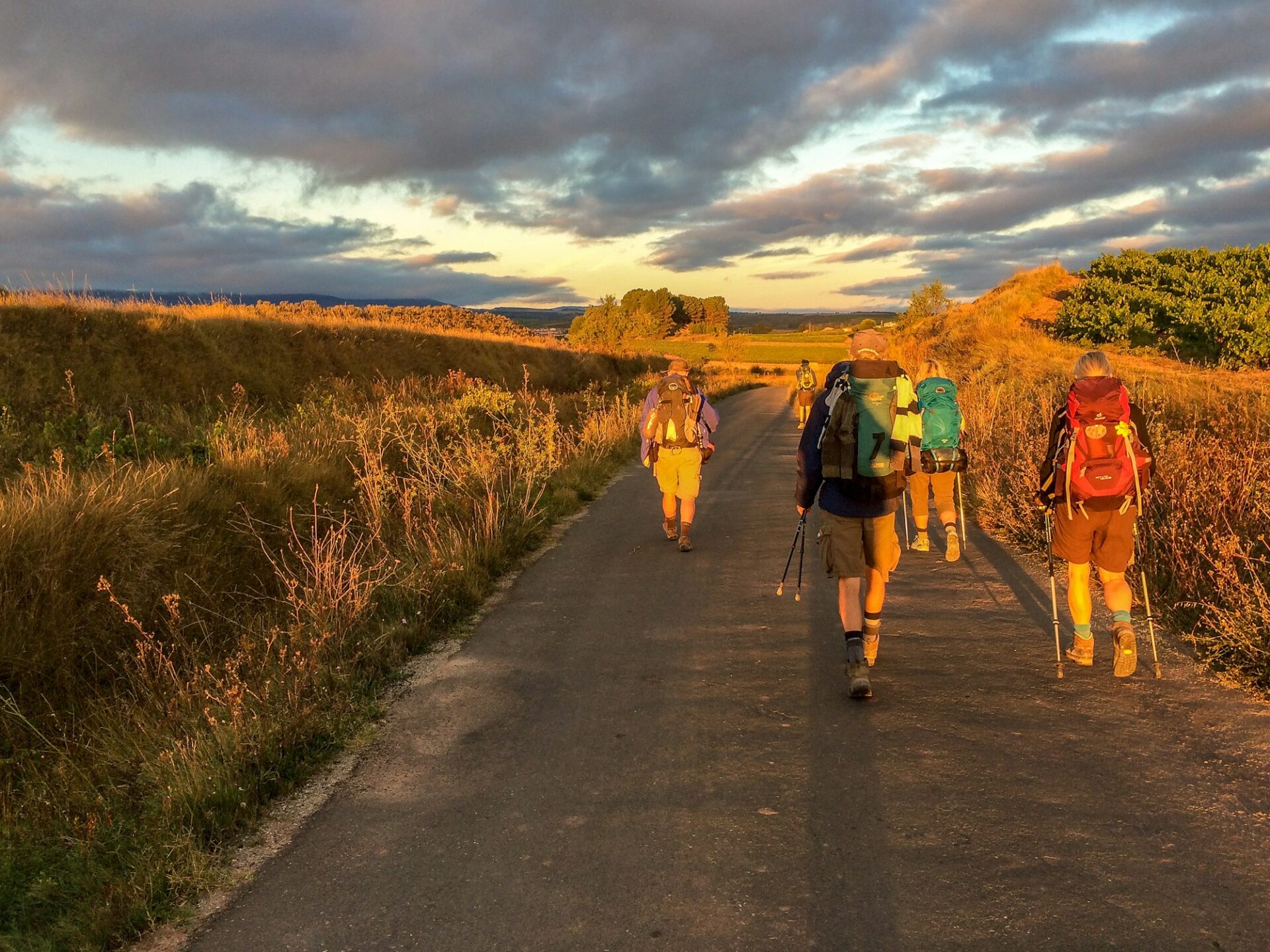Pilgergruppe mit Rucksäcken und Wanderstöcken von hinten auf einem schmalen Weg im Abendlicht