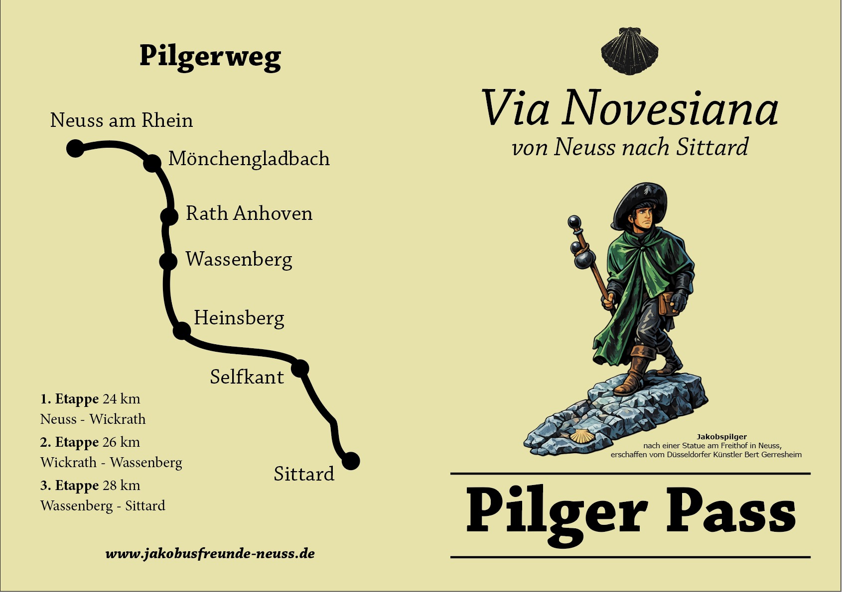 Umschlag des Pilgerpasses „Via Novesiana – von Neuss nach Sittard“: Wegskizze mit den drei Etappen und ein Jakobspilger nach der Statue am Freithof in Neuss